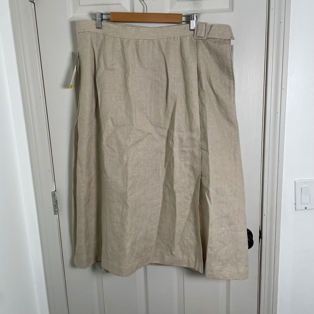 100% Linen Safari Skirt Womens 22 Beige Wrap Buckle Neutral Quiet Luxury‎
